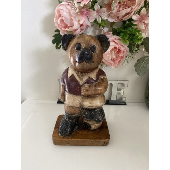 Vintage Wooden Bear Statue Large 10" Soccer Teddy Bear Kids Room Decor Figurine - Picture 13 of 16